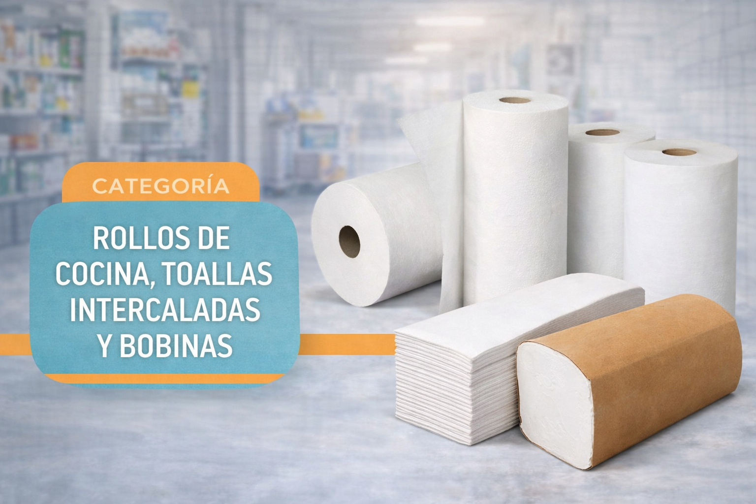 Rollos de cocina, toallas intercladas y bobinas